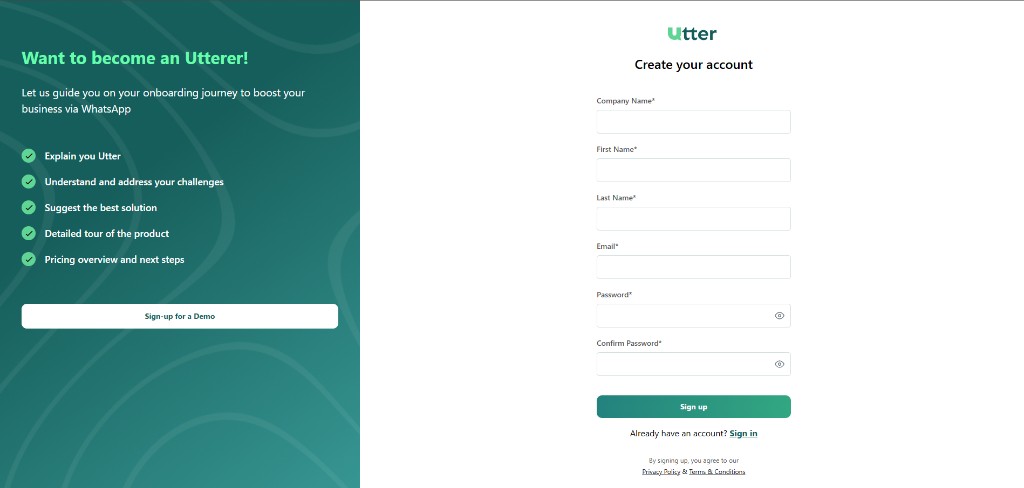 Utter Create your account screen