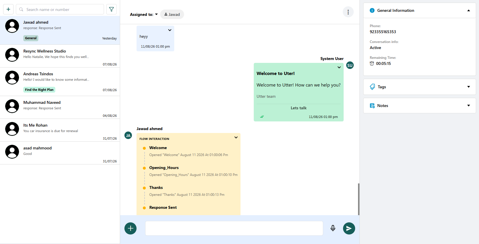 A triggered flow appearing in the Utter inbox, showing the Flow Interaction panel with Welcome, Opening_Hours, and Thanks steps