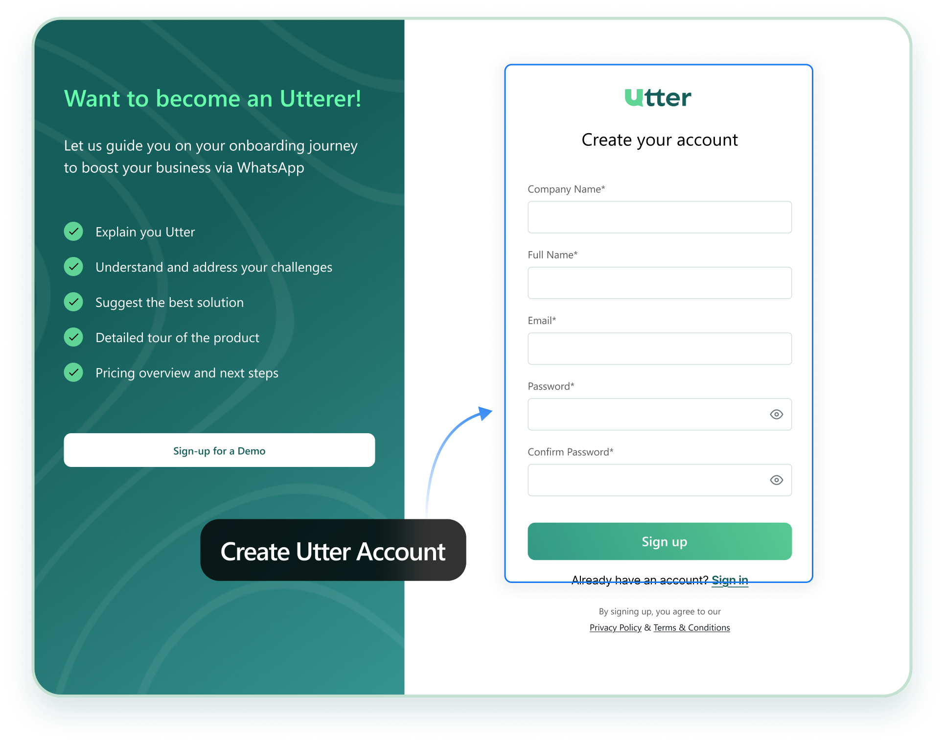 Utter Create your account screen