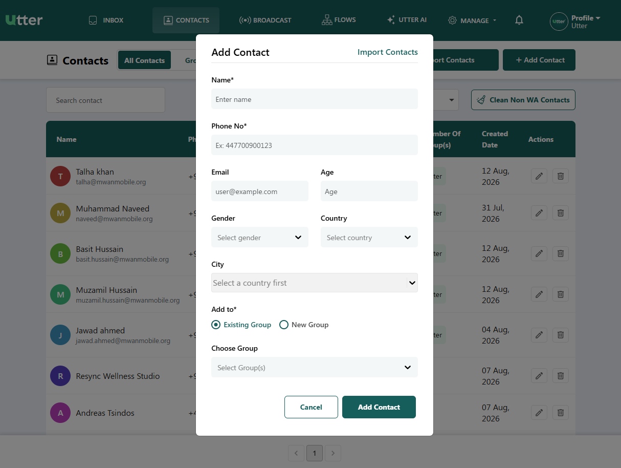 Add Contact form in Utter