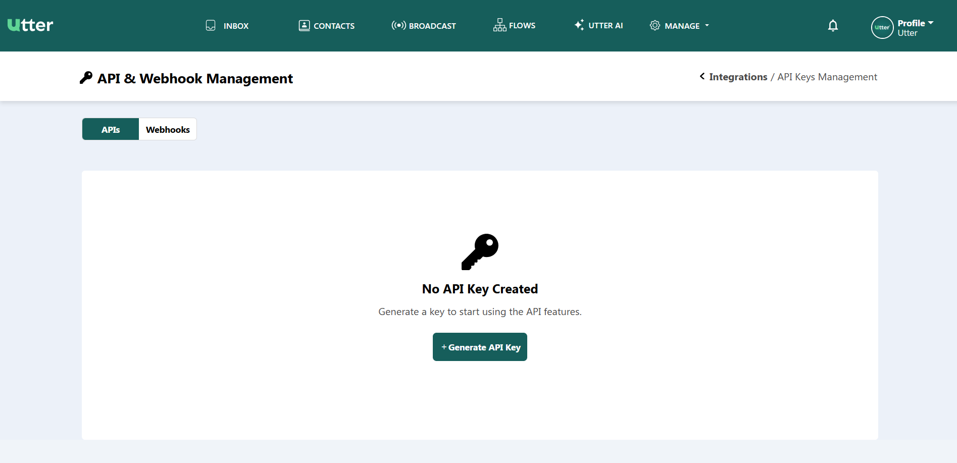 Utter API &amp; Webhook Management page