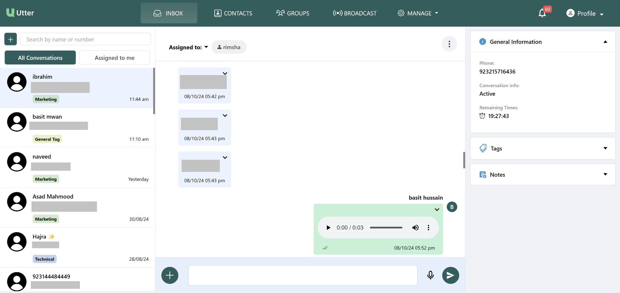 Utter Inbox with conversation list, chat window, and general information panel