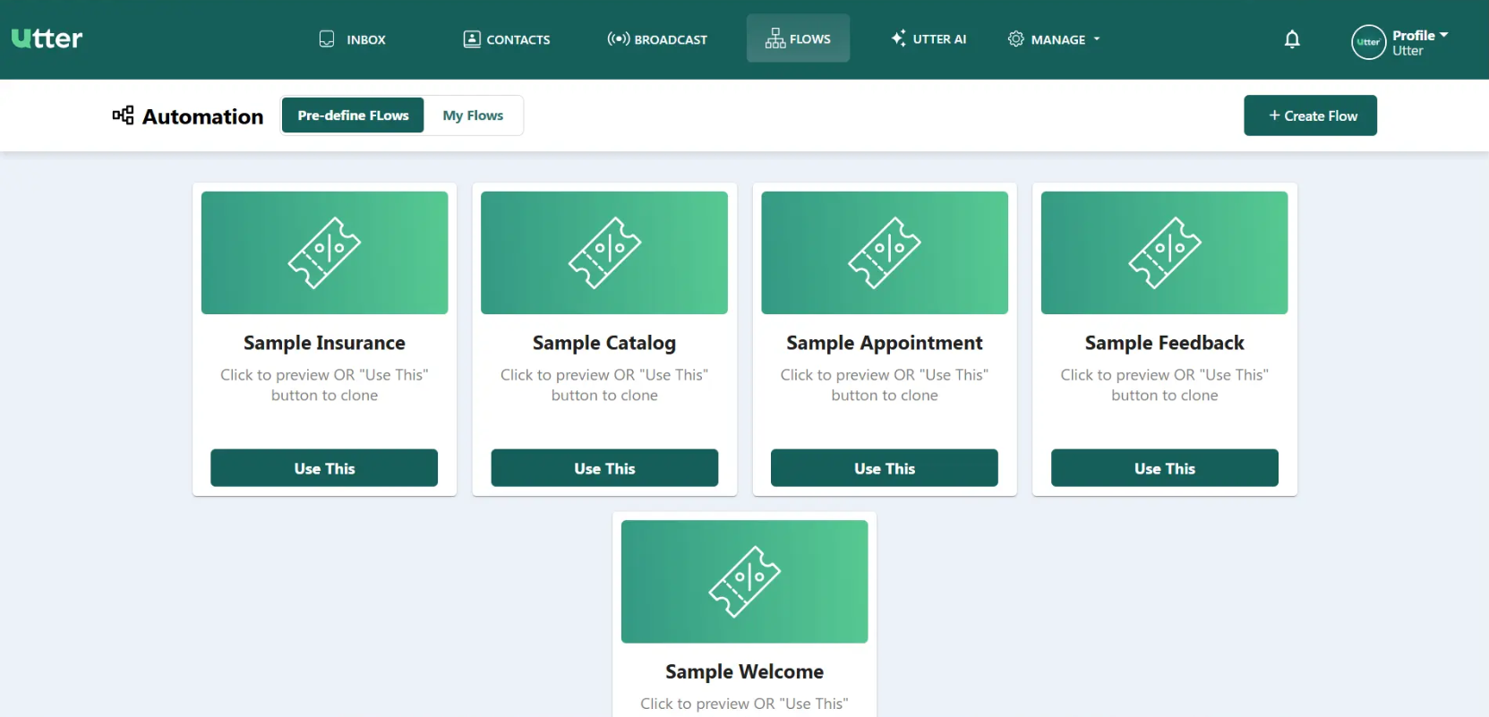 Pre-define Flows library showing Sample Insurance, Sample Catalog, Sample Appointment, Sample Feedback, and Sample Welcome template cards