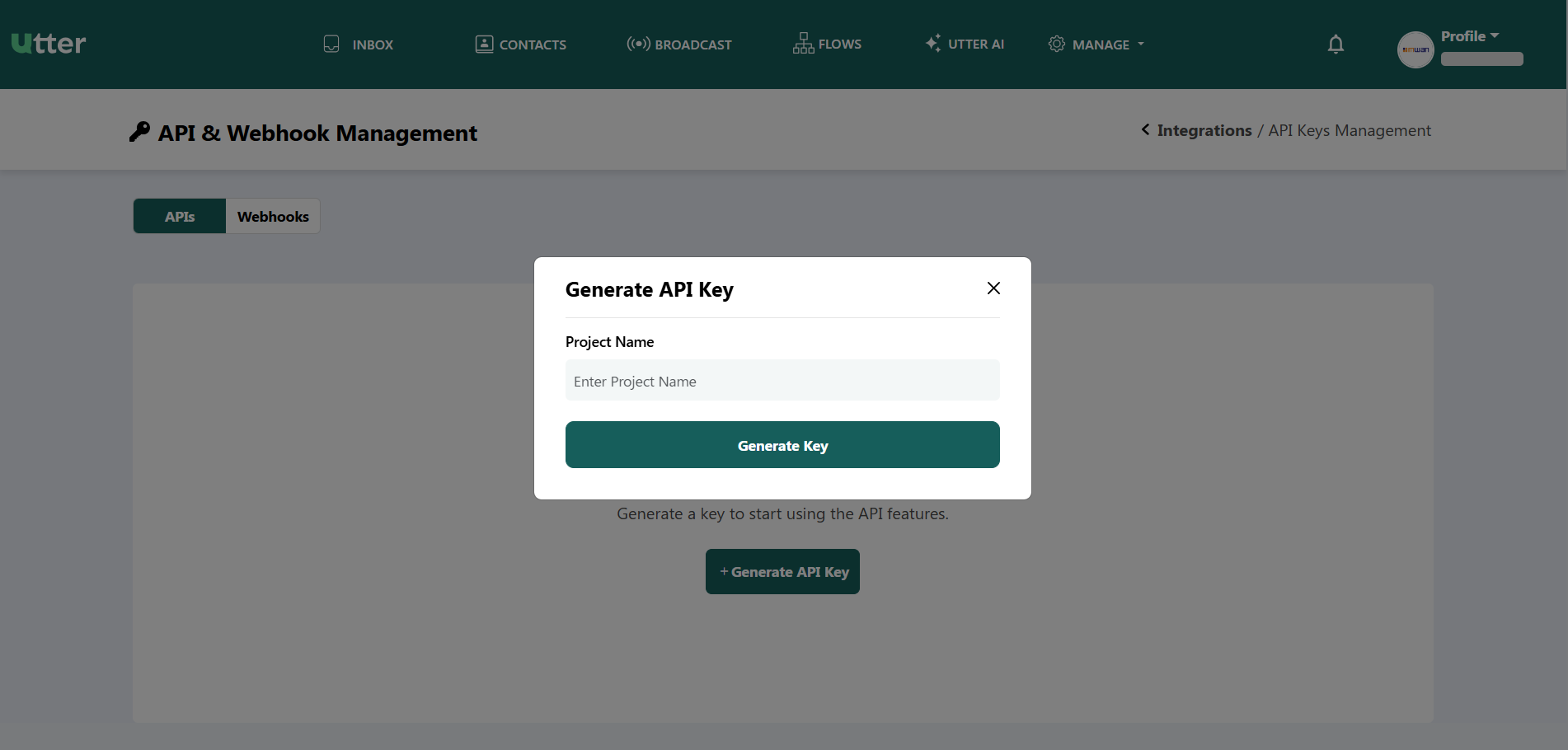 Utter Generate API Key window