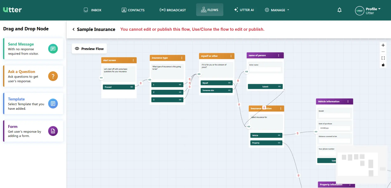 Preview of the Sample Insurance flow diagram with a red banner warning that the flow cannot be edited or published until cloned