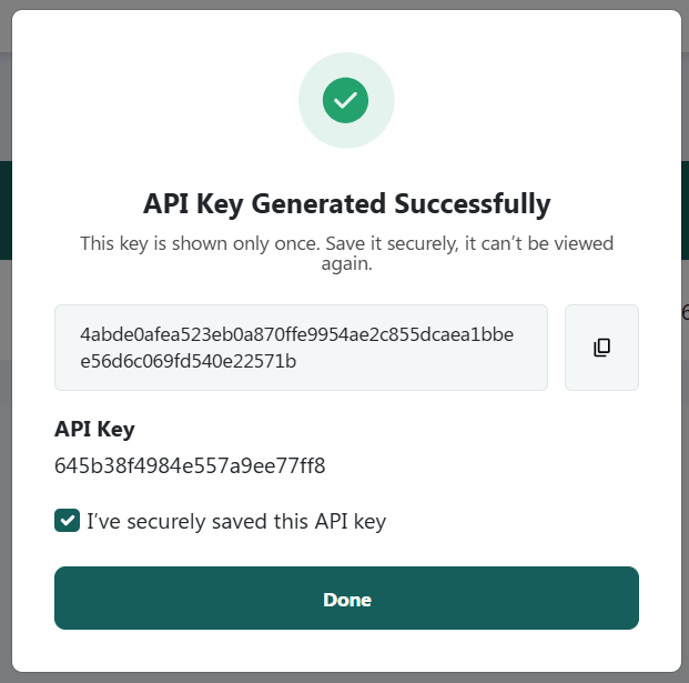 Utter API Key Generated Successfully confirmation