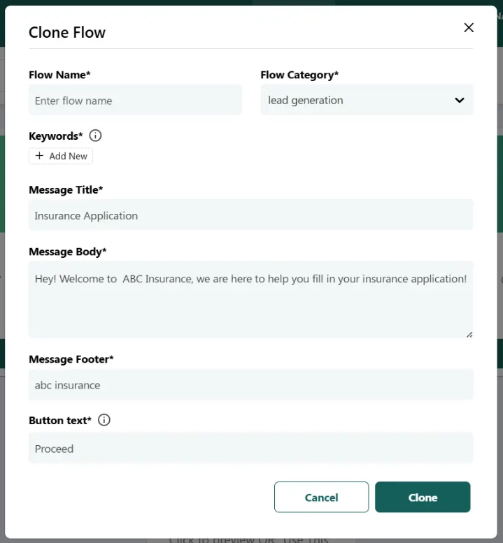 Clone Flow popup with fields for Flow Name, Flow Category, Keywords, Message Title, Message Body, Message Footer, and Button text