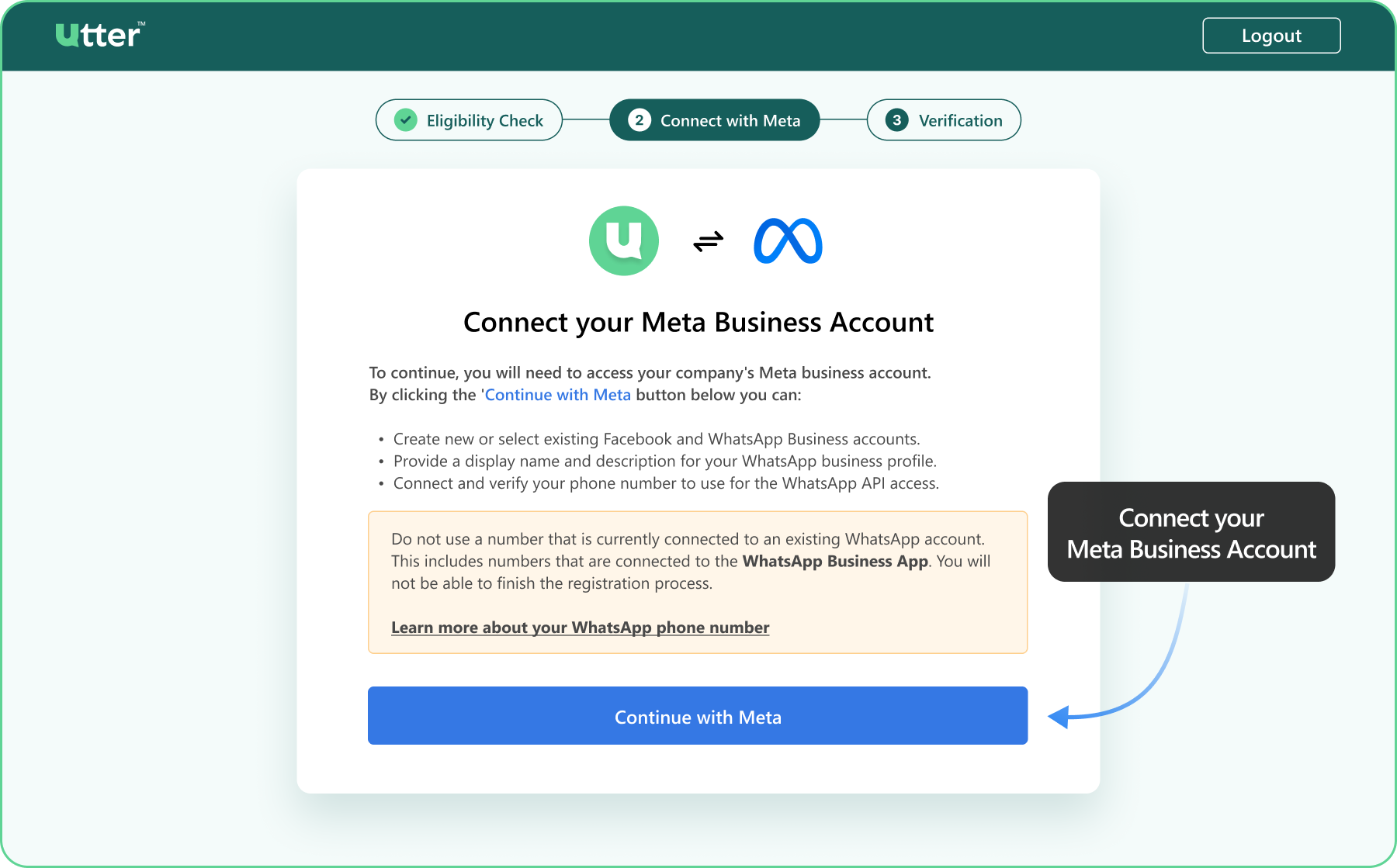 Utter Connect your Meta Business Account screen