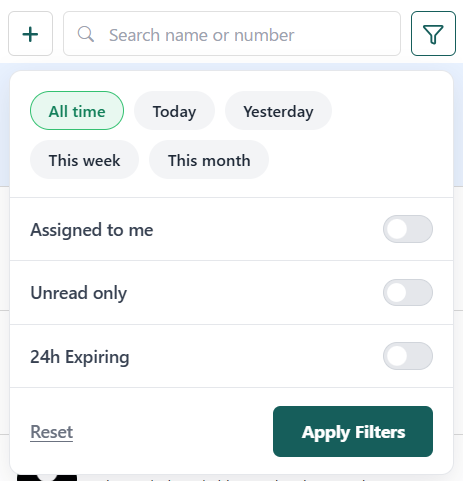 Inbox filter menu with time period, Assigned to me, Unread only, and 24h Expiring