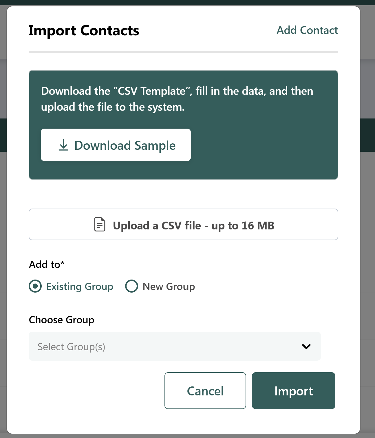 Import Contacts CSV screen
