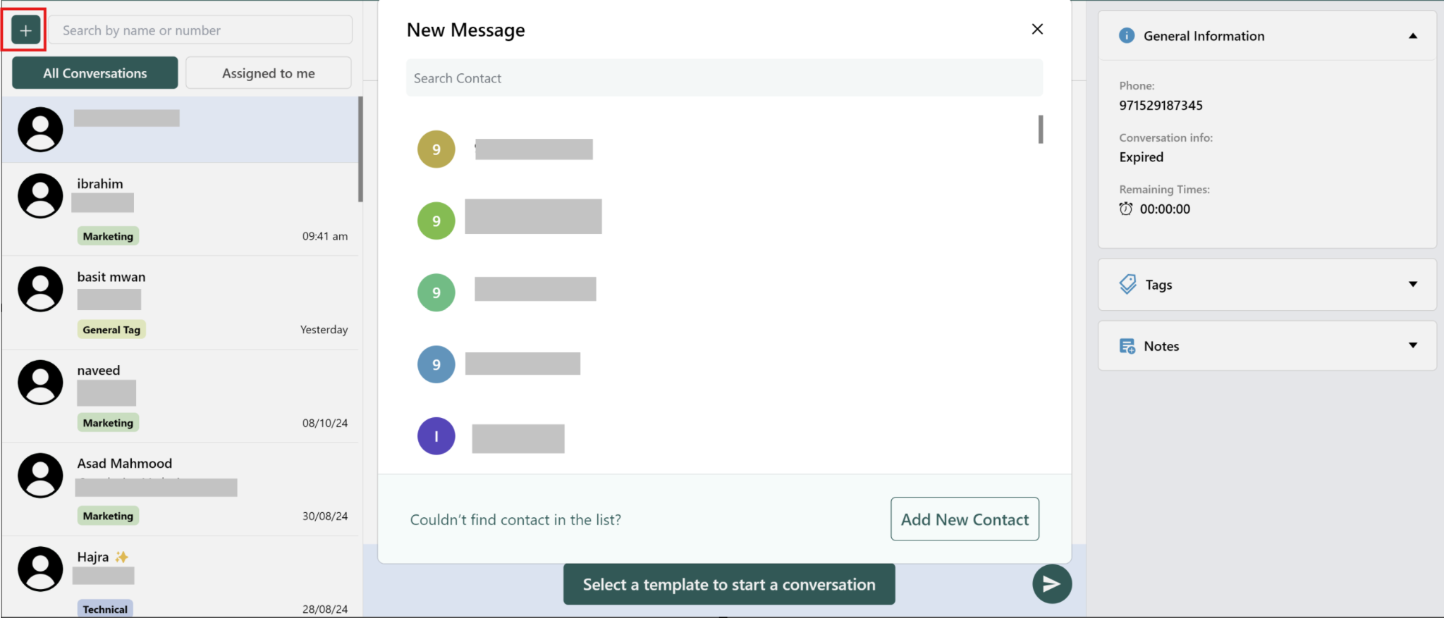 Start a new chat with the + button and New Message popup