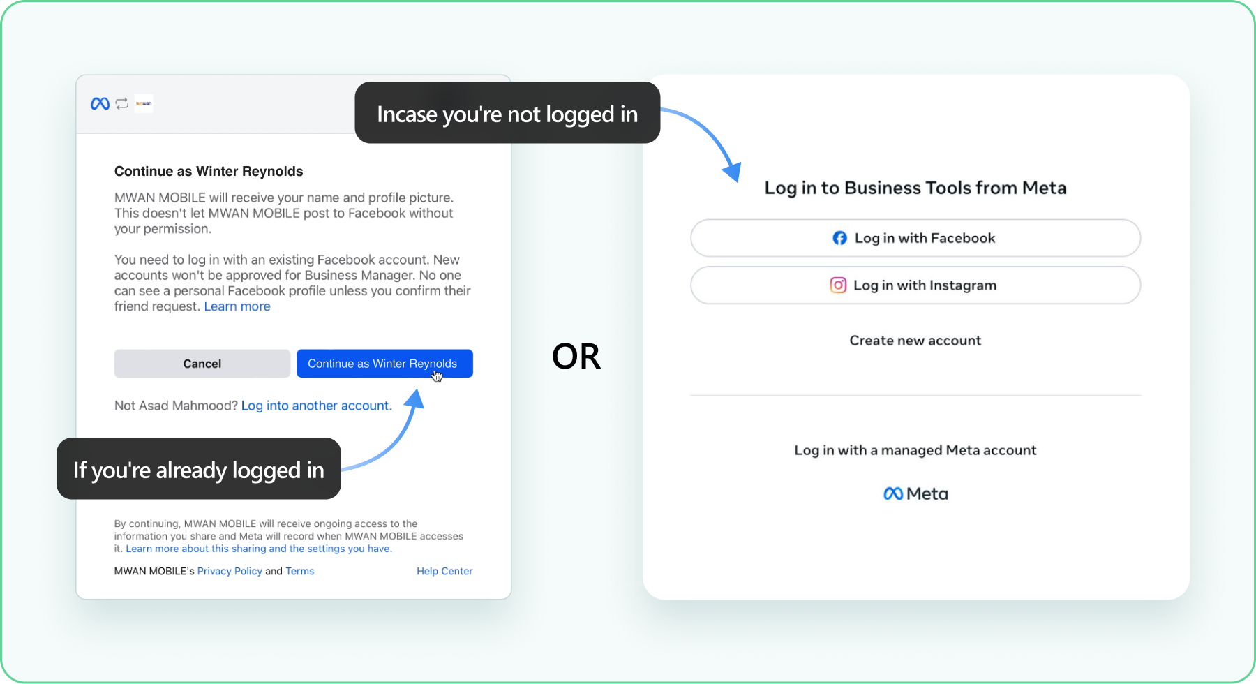 Meta continue as logged-in user