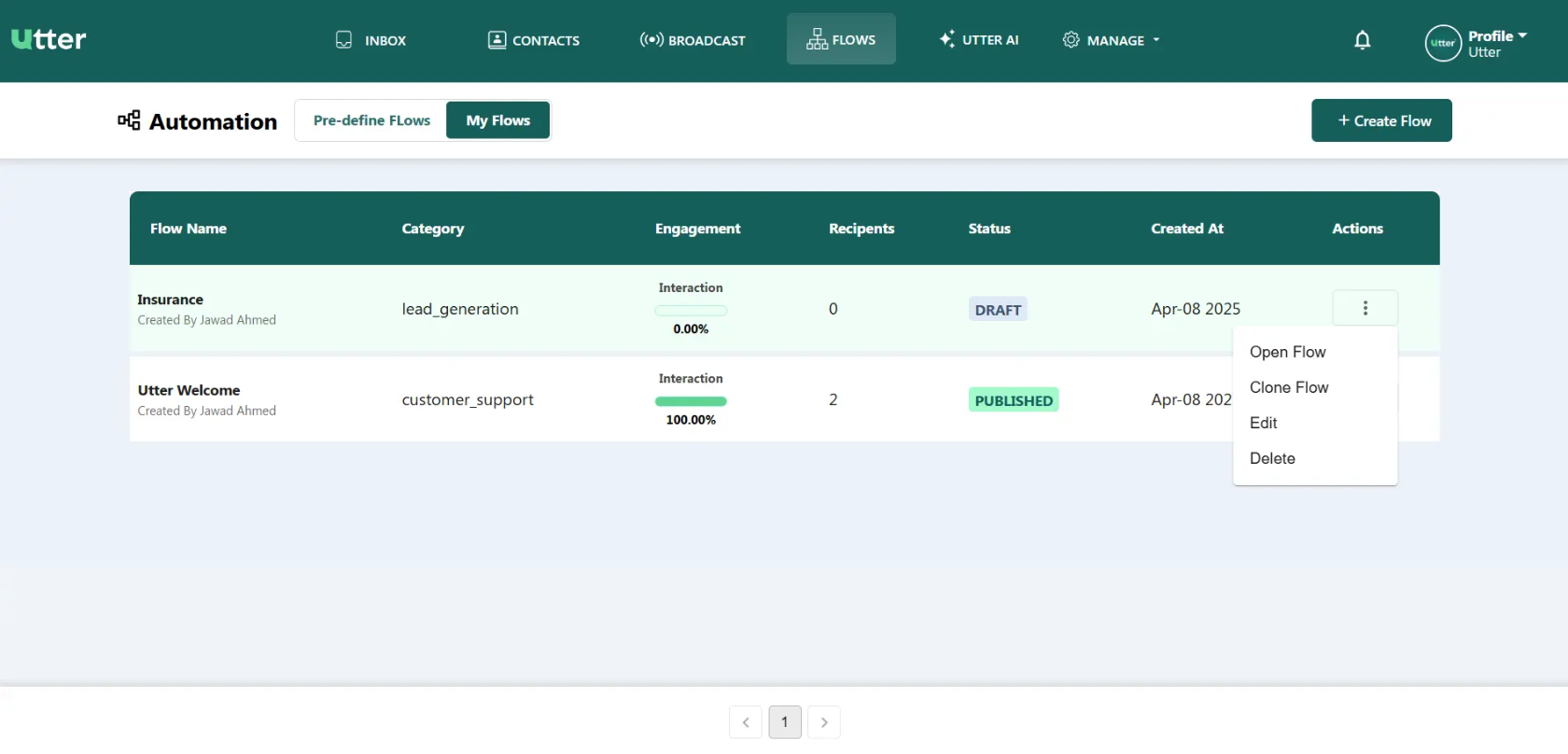 My Flows table listing the Insurance flow in DRAFT status and the Utter Welcome flow in PUBLISHED status