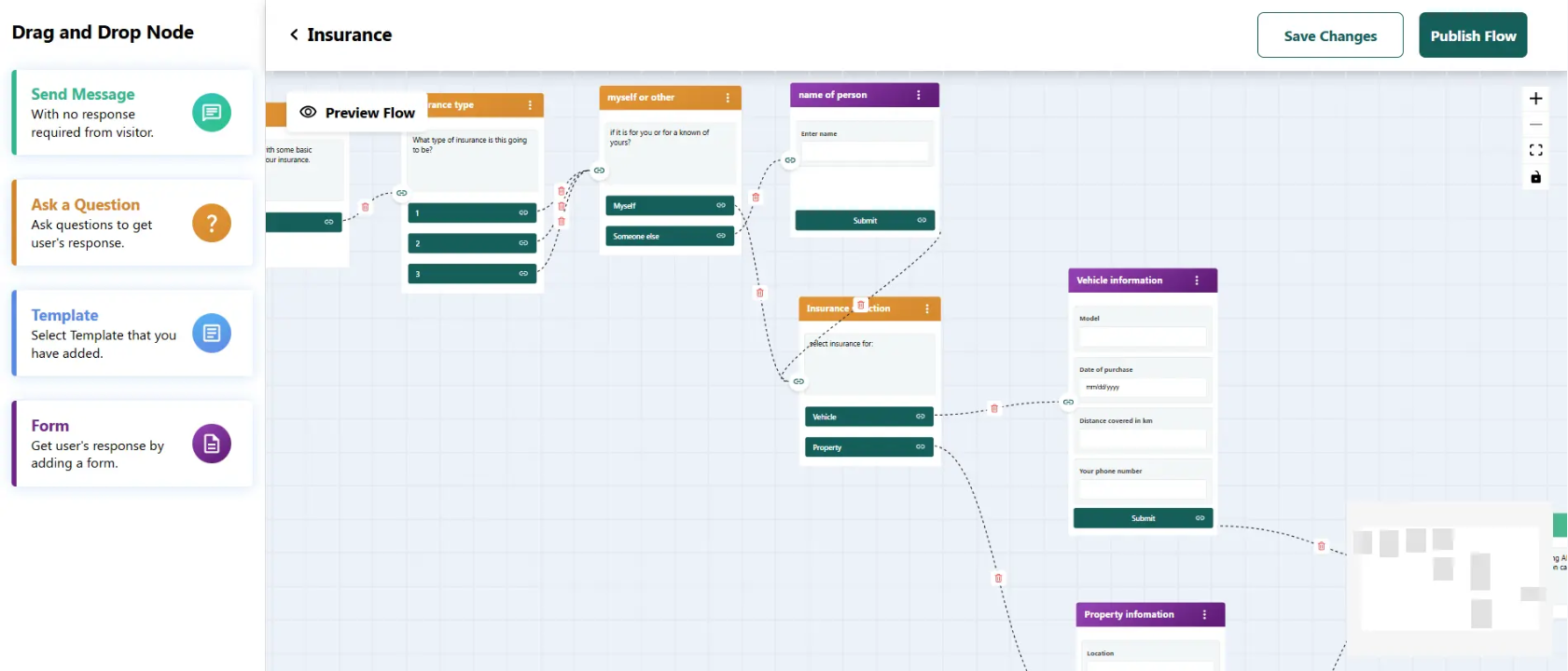 Flow Builder canvas showing connected nodes for insurance type, myself or other, name of person, and vehicle information