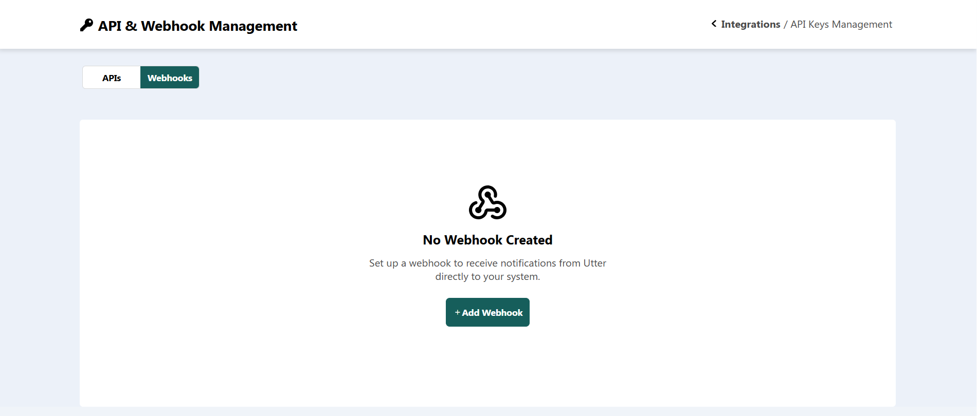 Utter Webhooks tab with no webhook configured