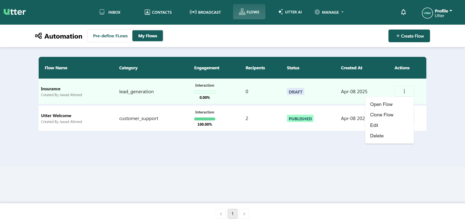 Actions menu open on the My Flows table showing Open Flow, Clone Flow, Edit, and Delete options