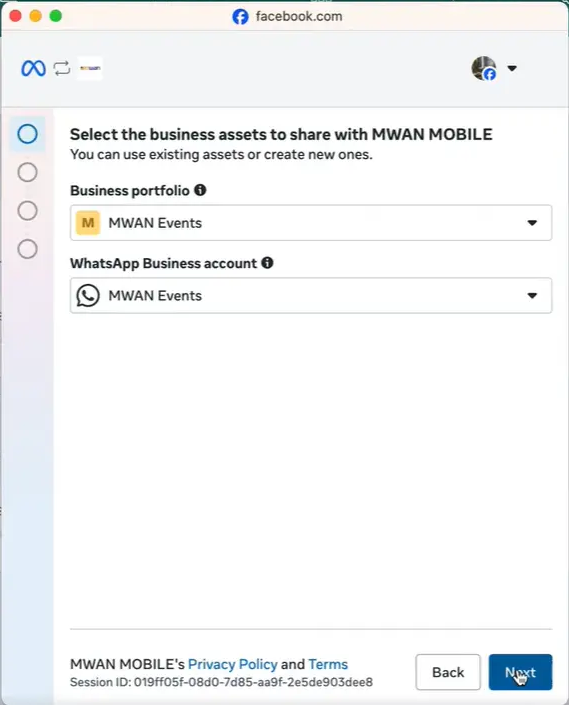 Meta WhatsApp phone number setup screen