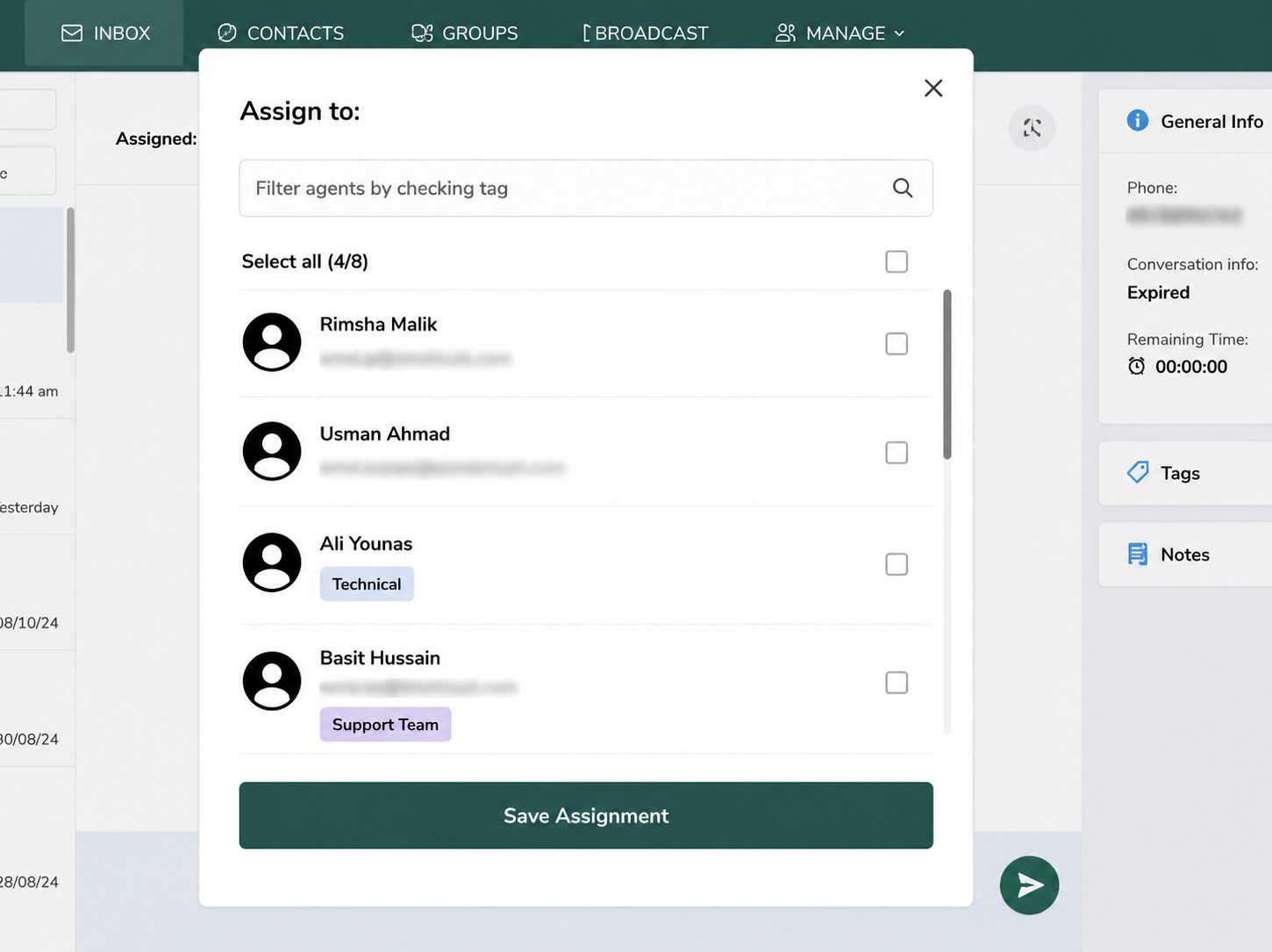 Assign to popup with agent list and Save Assignment