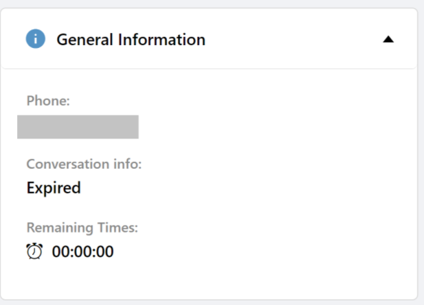 General Information panel with phone, conversation status, and remaining time