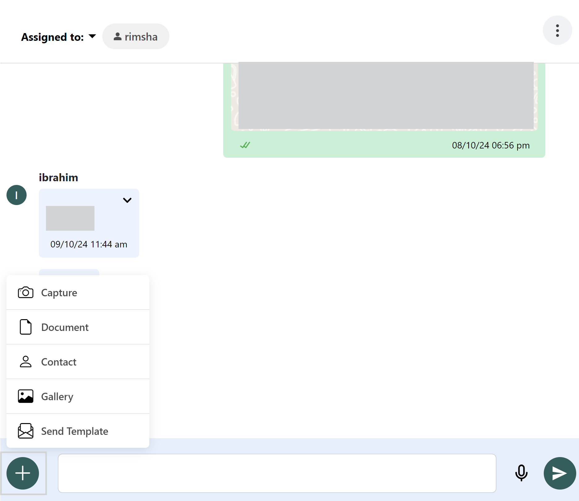 Attachment menu with Capture, Document, Contact, Gallery, and Send Template