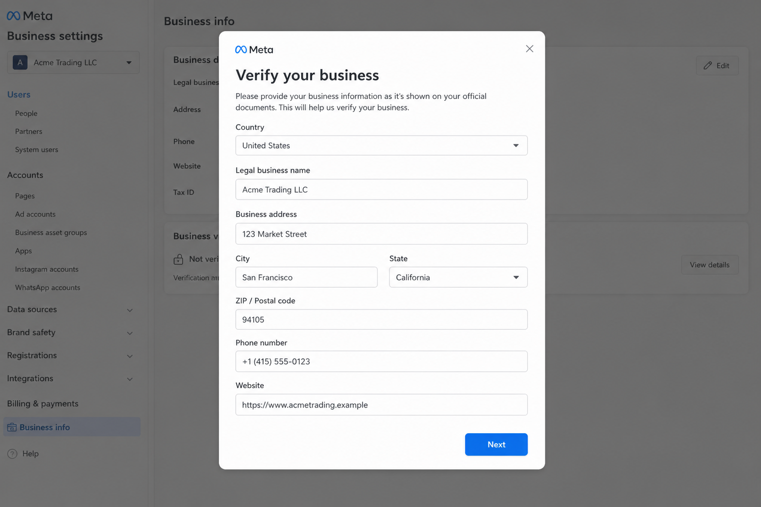 Enter business details — illustrative