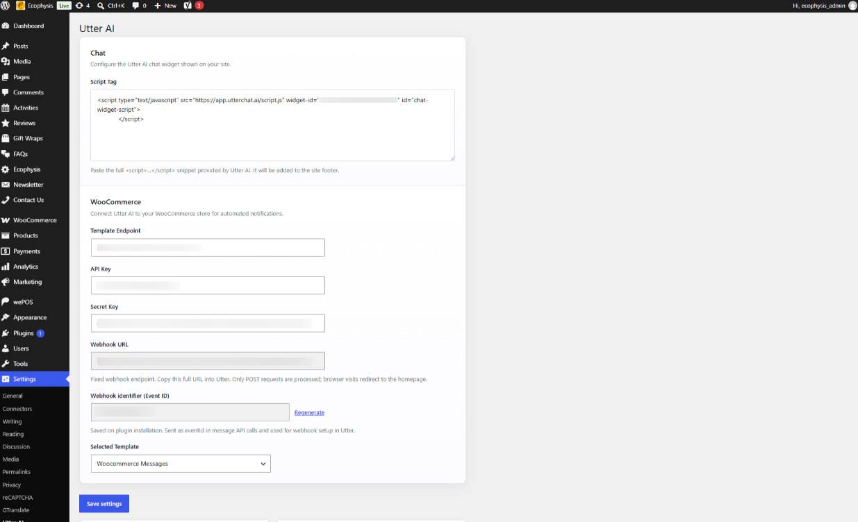 Utter AI Settings Page