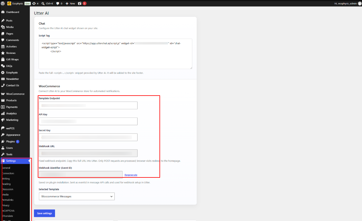 Utter AI Settings Page